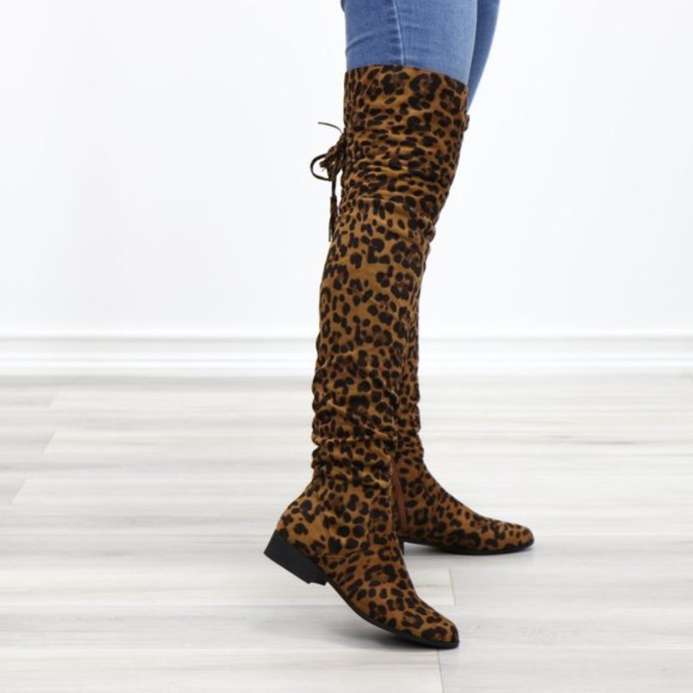 Leopard Suede Thigh High Flat Boot Lace Up Back - Picture 10 of 14